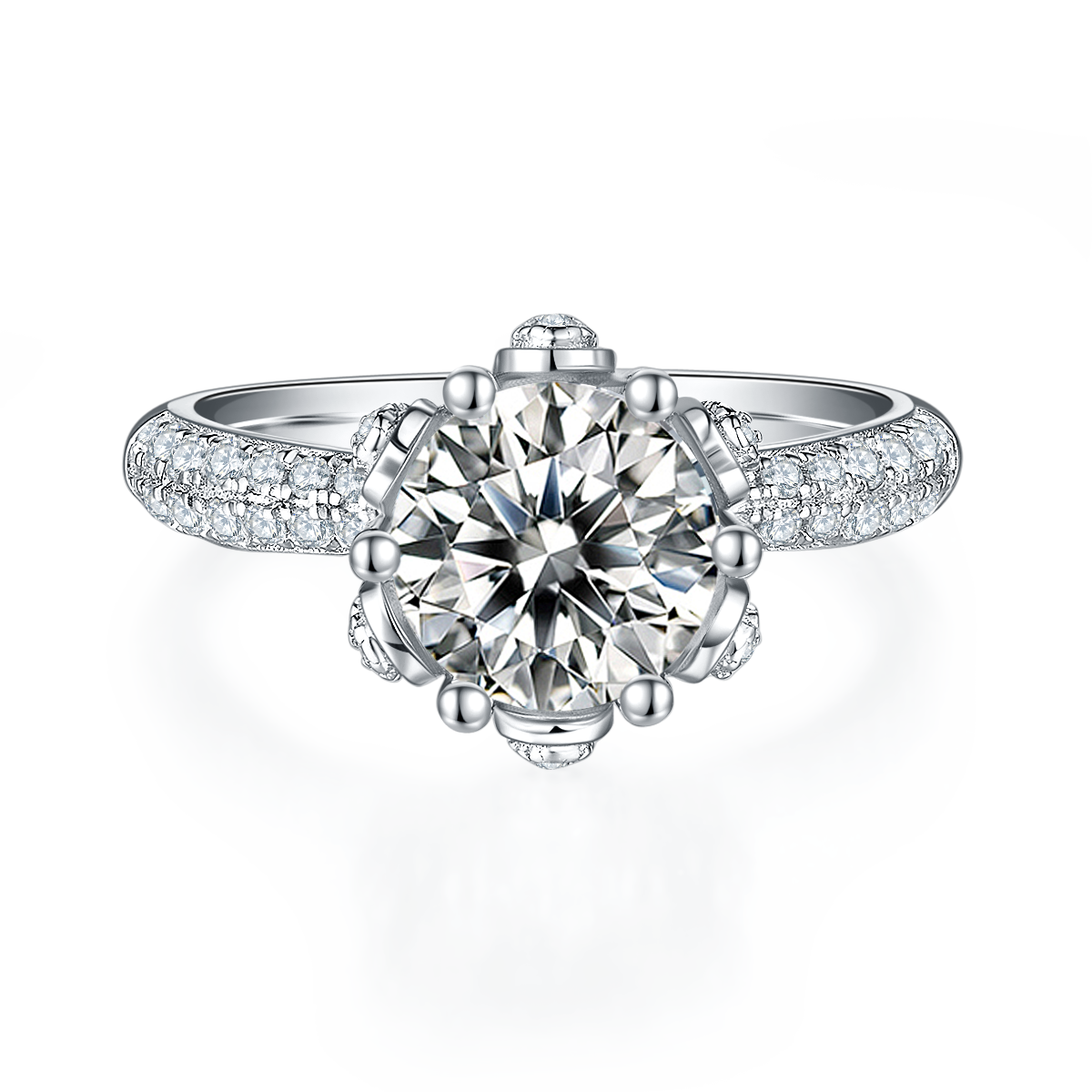 Straight arm luxury floral god S925 silver plated platinum moissanite diamond women's ring 2.0 carats D-class